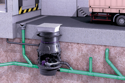 Inbouwschema hybride opvoerinstallatie Ecolift XL Laadperron met een groot buitenoppervlak, dat wordt afgewaterd via een Ecolift XL hybride opvoerinstallatie.