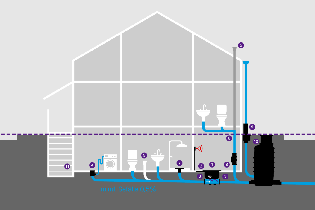 Schematische weergave van een gebouw met verschillende afvoerelementen in de kelder, die door een terugstuwbeveiliging worden beschermd tegen terugstroming uit het riool. Schematische weergave van een gebouw met verschillende afvoerelementen in de kelder, die door een terugstuwbeveiliging worden beschermd tegen terugstroming uit het riool.