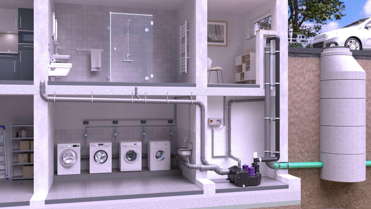 Voorbeeld van de installatie van een <em>Aqualift </em>L-opvoerinstallatie in een appartementencomplex