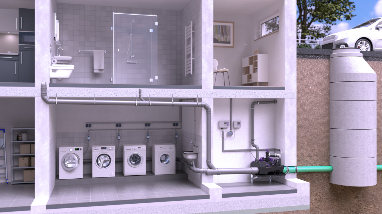 Voorbeeld van de installatie van een hybride opvoerinstallatie <em>Ecolift L</em> in een appartementencomplex