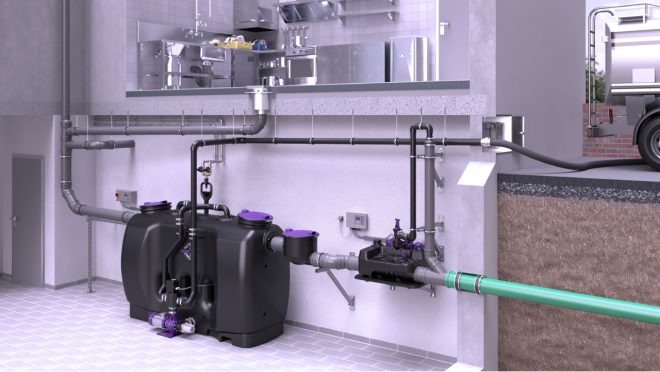 Installatievoorbeeld <em>Ecolift L</em> achter een vetafscheider