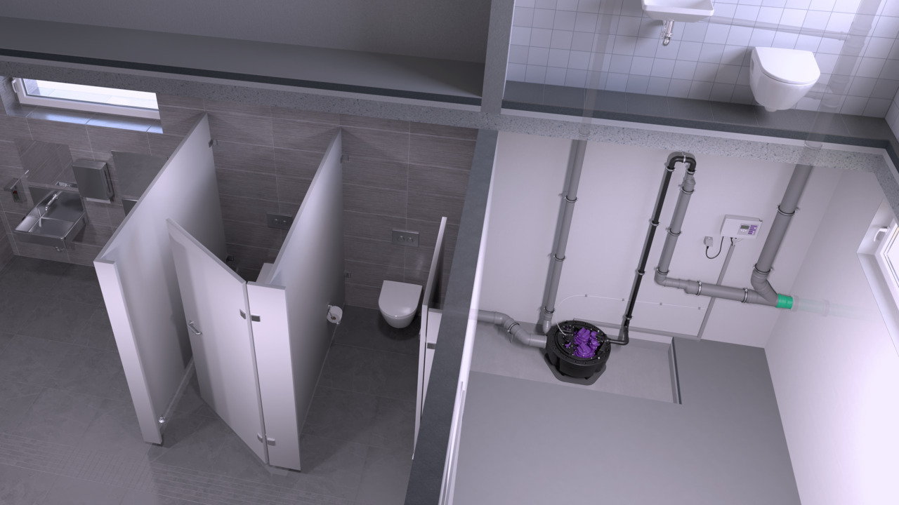 Installatie-illustratie van de Aqualift F Compact voor vrijstaande installatie.