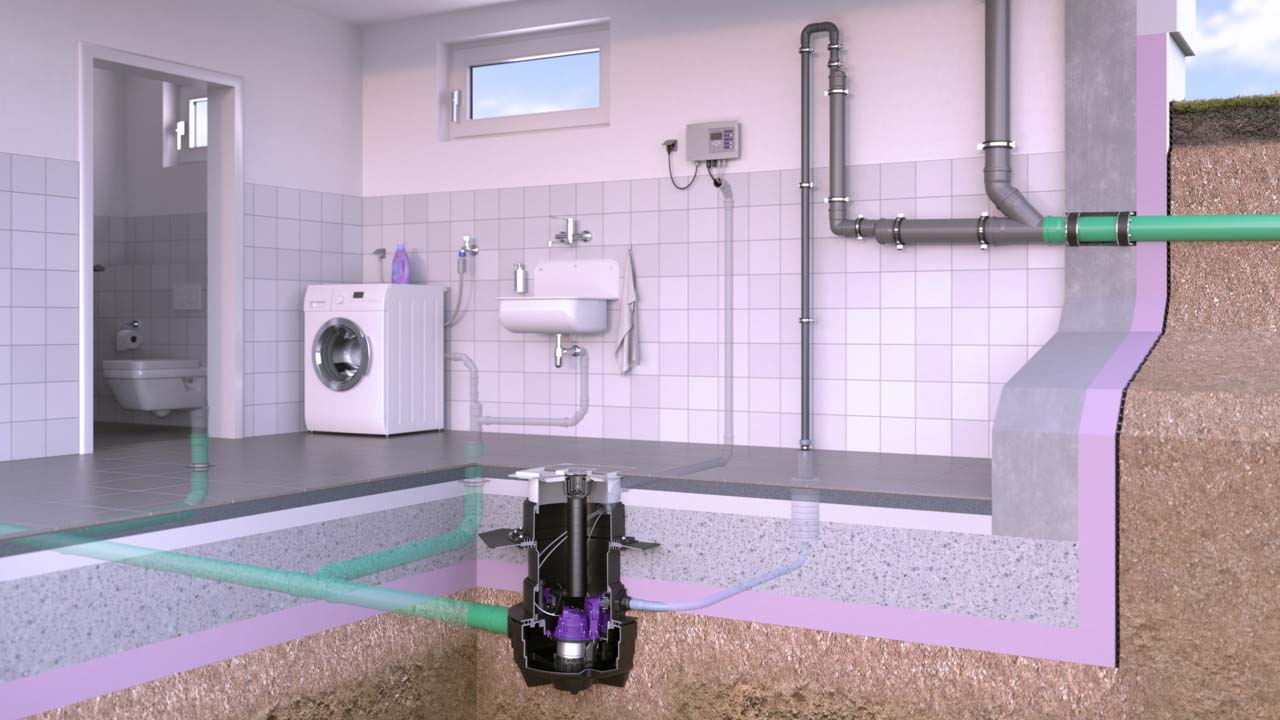 Installatie-illustratie van de Aqualift F Compact voor installatie in de vloerplaat.
