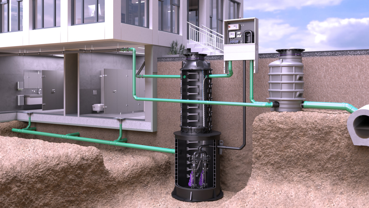 Inbouwschema pompstation kantoorgebouw Weergave van de kelderverdieping van een kantoorgebouw met afwateringsinstallaties en een diepgelegen toevoer naar het pompstation buiten.