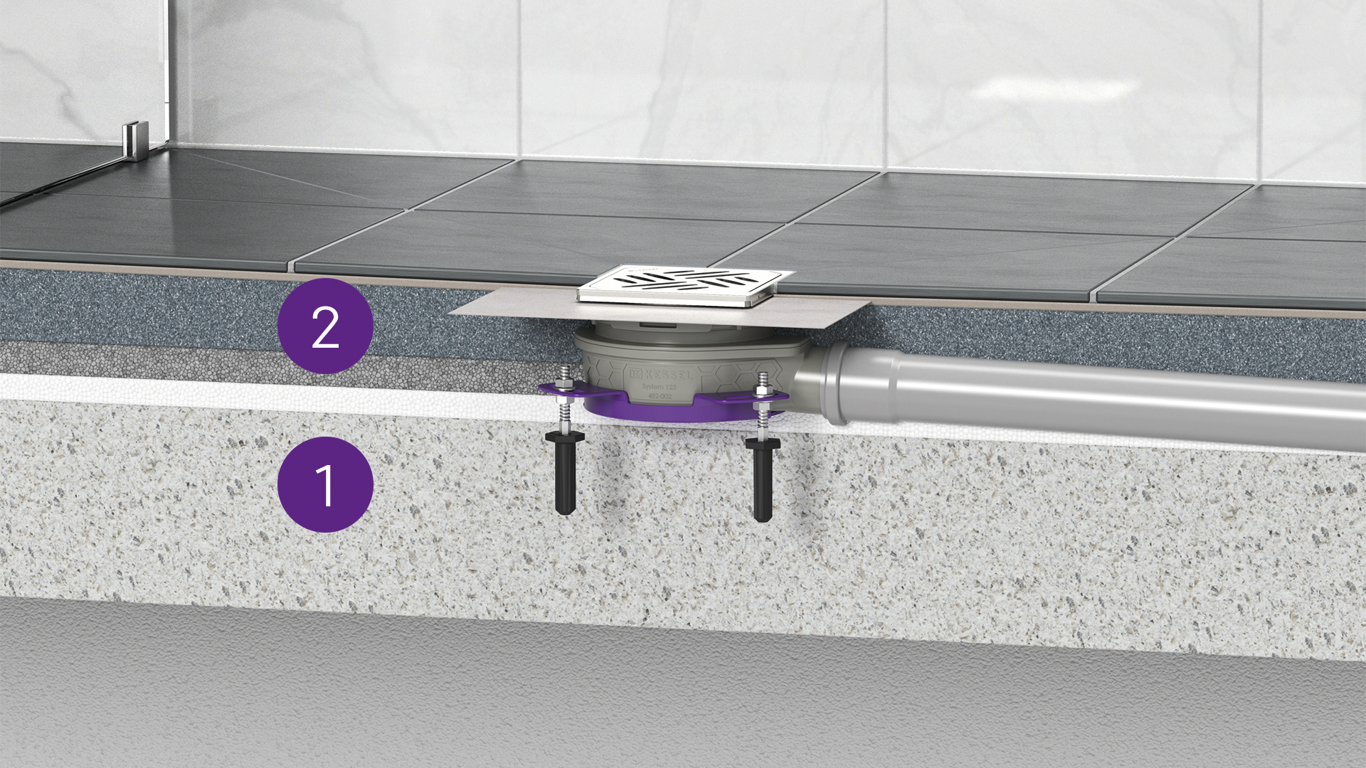 Installatievoorbeeld: badafvoer De Ultravlakke afvoer in een douche Installatievoorbeeld: badafvoer De Ultravlakke afvoer in een douche