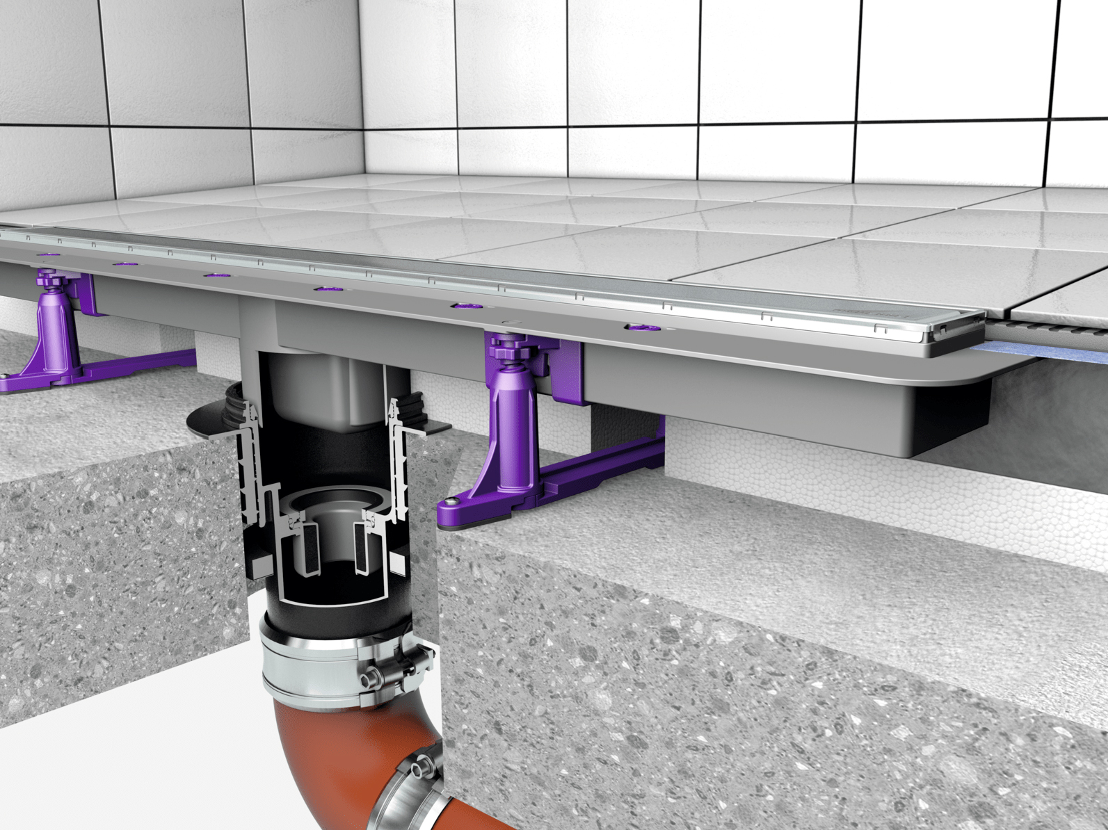 Inbouwvoorbeeld van de (verdiepings)vloerafvoer Ecoguss met douchegoot Linearis Comfort