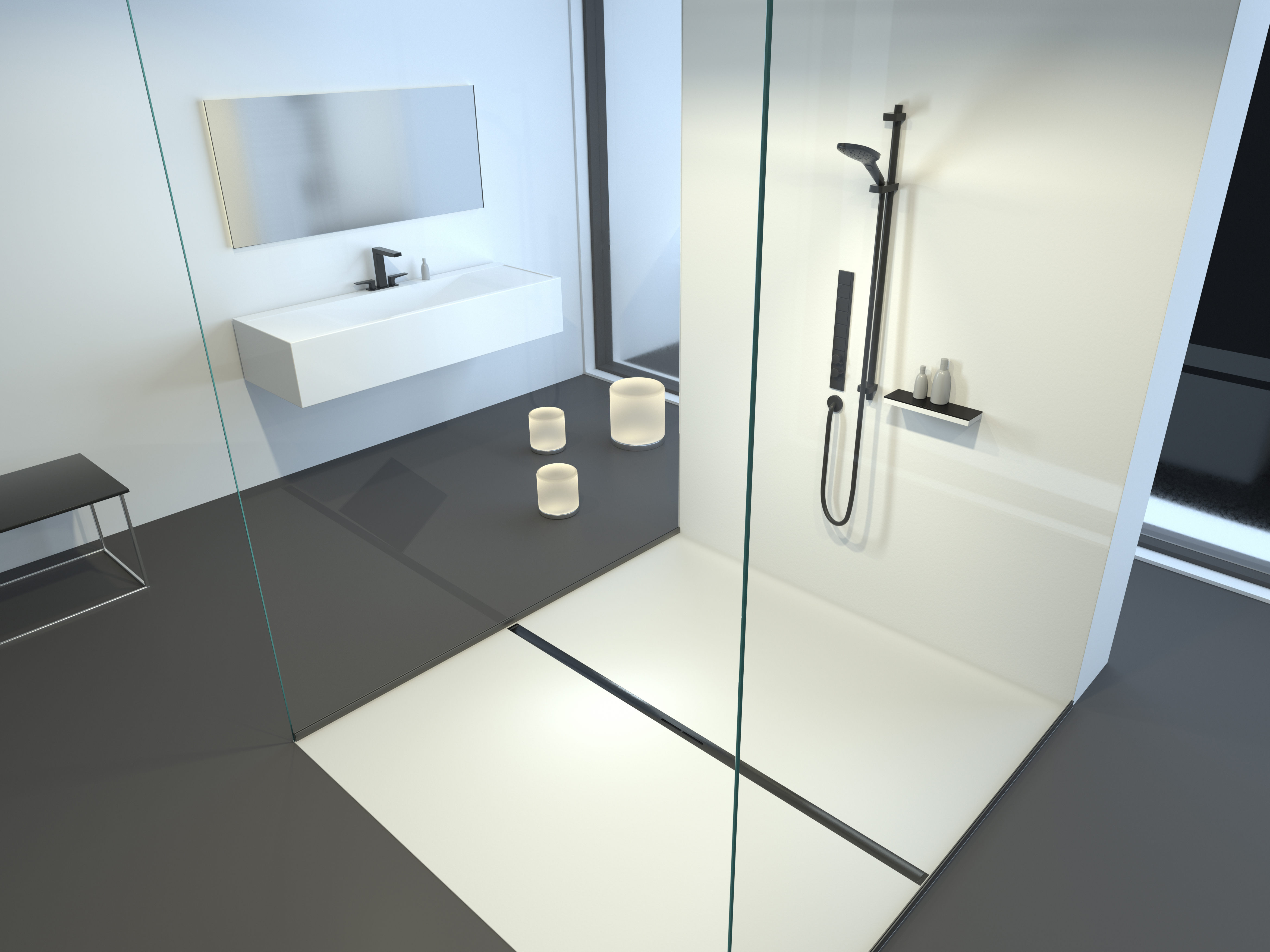 Inbouwvoorbeeld van de douchegoot Linearis Infinity met oppervlakte in Black geborsteld in een badkamer