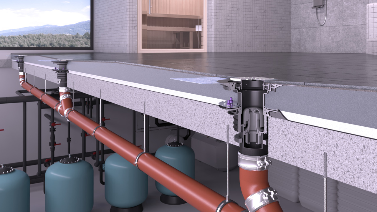 Ecoguss vloerafvoer met Fire-Kit brandbeveiliging en Quick-Fix afdichting door de muur.