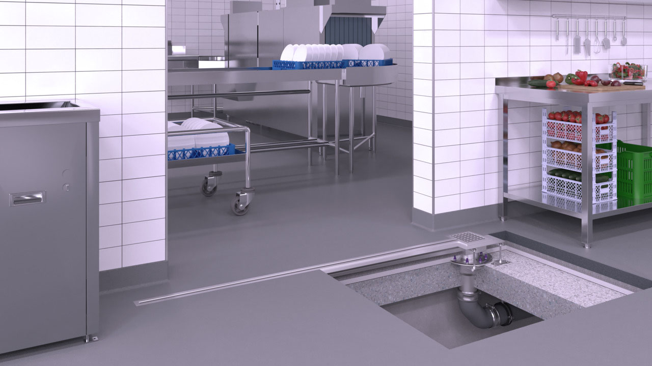 Voorbeeld van de installatie van rvs sleufgoten in een gang van een grootkeuken Voorbeeld van de installatie van rvs sleufgoten in een gang van een grootkeuken