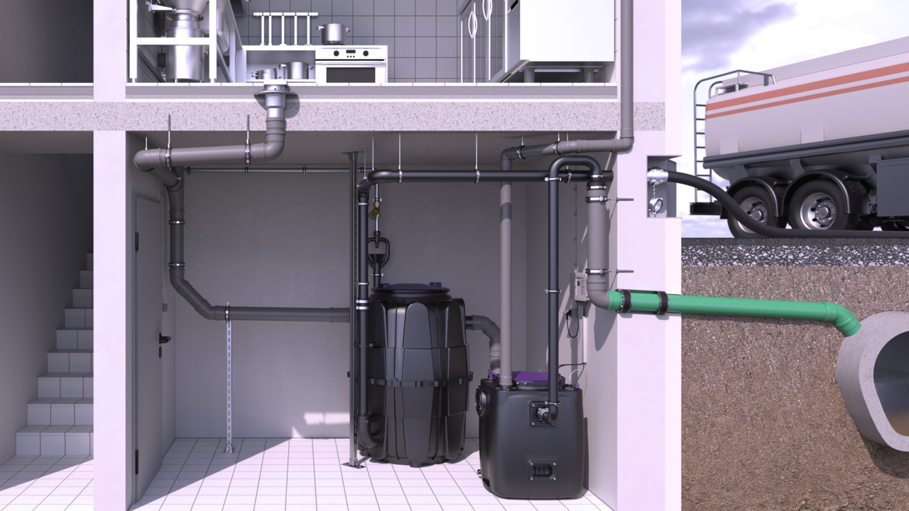Installatievoorbeeld van de EasyClean Modular Direct-vetafscheider met Aqualift 200-opvoerinstallatie in de kelder Installatievoorbeeld van de EasyClean Modular Direct-vetafscheider met Aqualift 200-opvoerinstallatie in de kelder