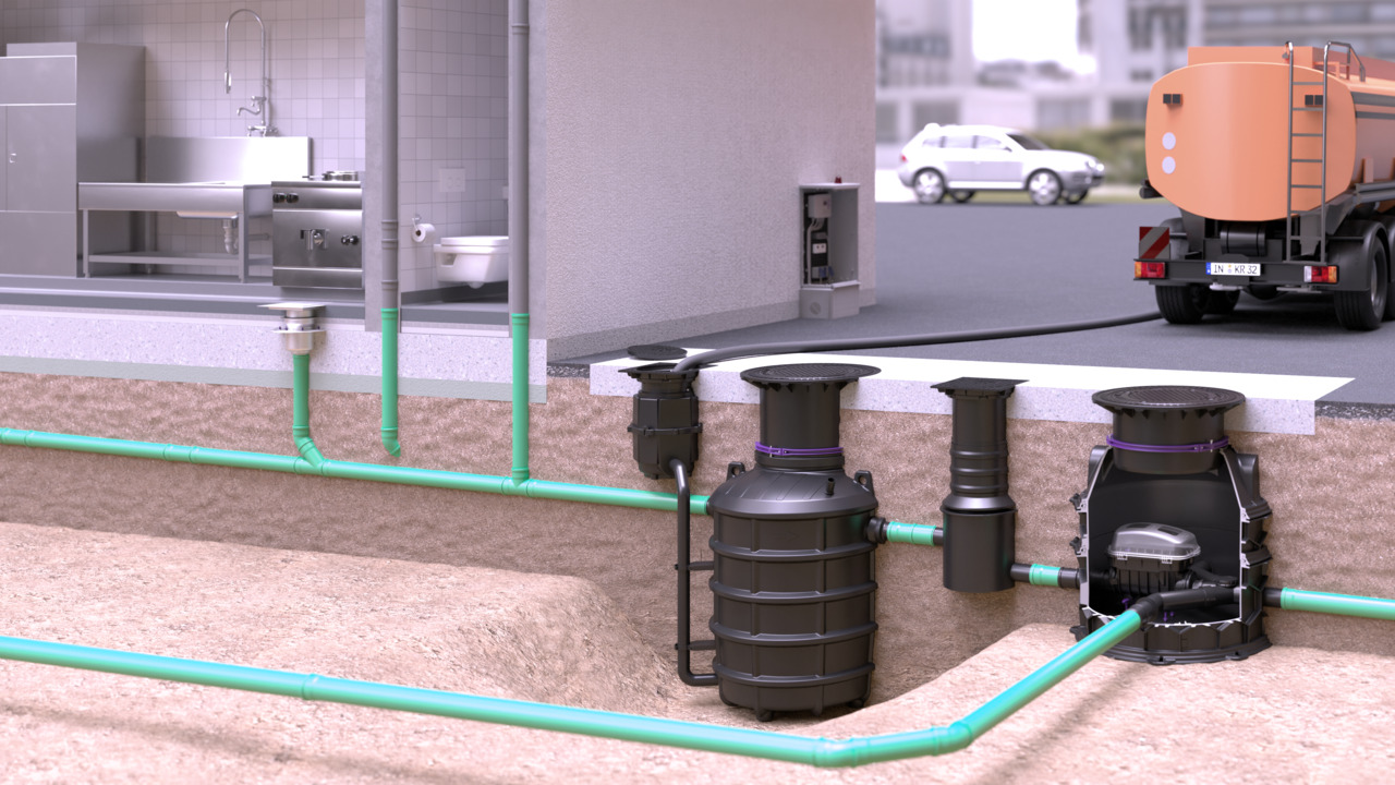 Installatievoorstel voor de EasyClean ground Direct-vetafscheider met Pumpfix F in de techniekschacht Installatievoorstel voor de EasyClean ground Direct-vetafscheider met Pumpfix F in de techniekschacht