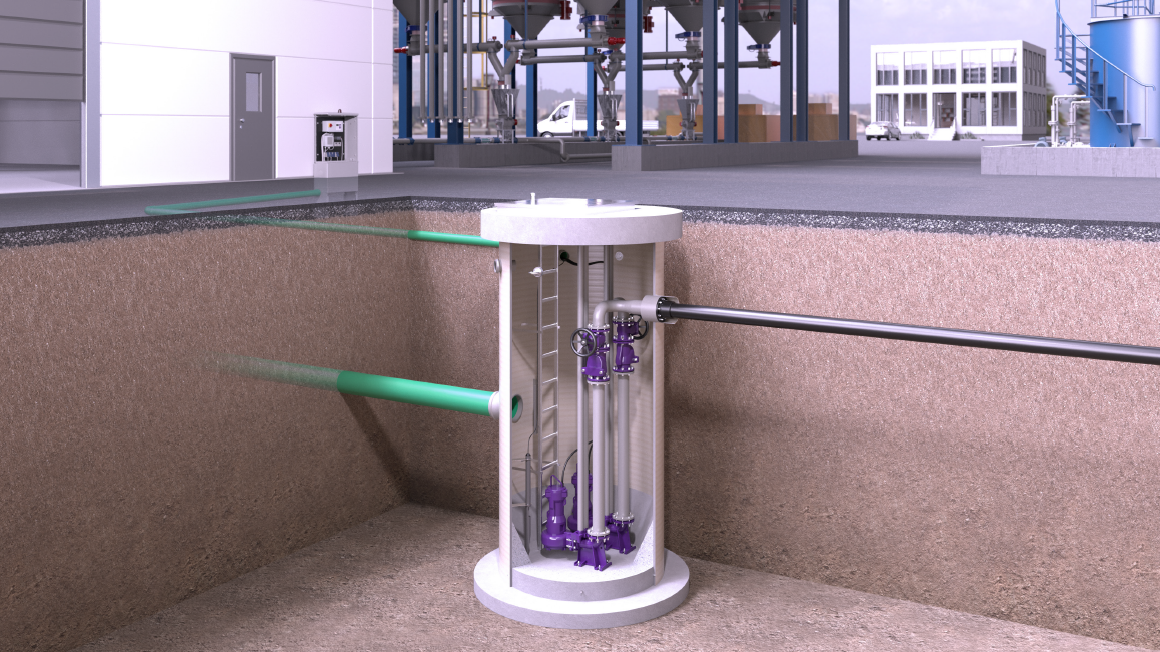 Montagevoorschriften voor GFK-put met pompen Afbeelding van een met glasvezel versterkte kunststof (GFK) put met pompen in de buitenruimte van een industriële installatie.