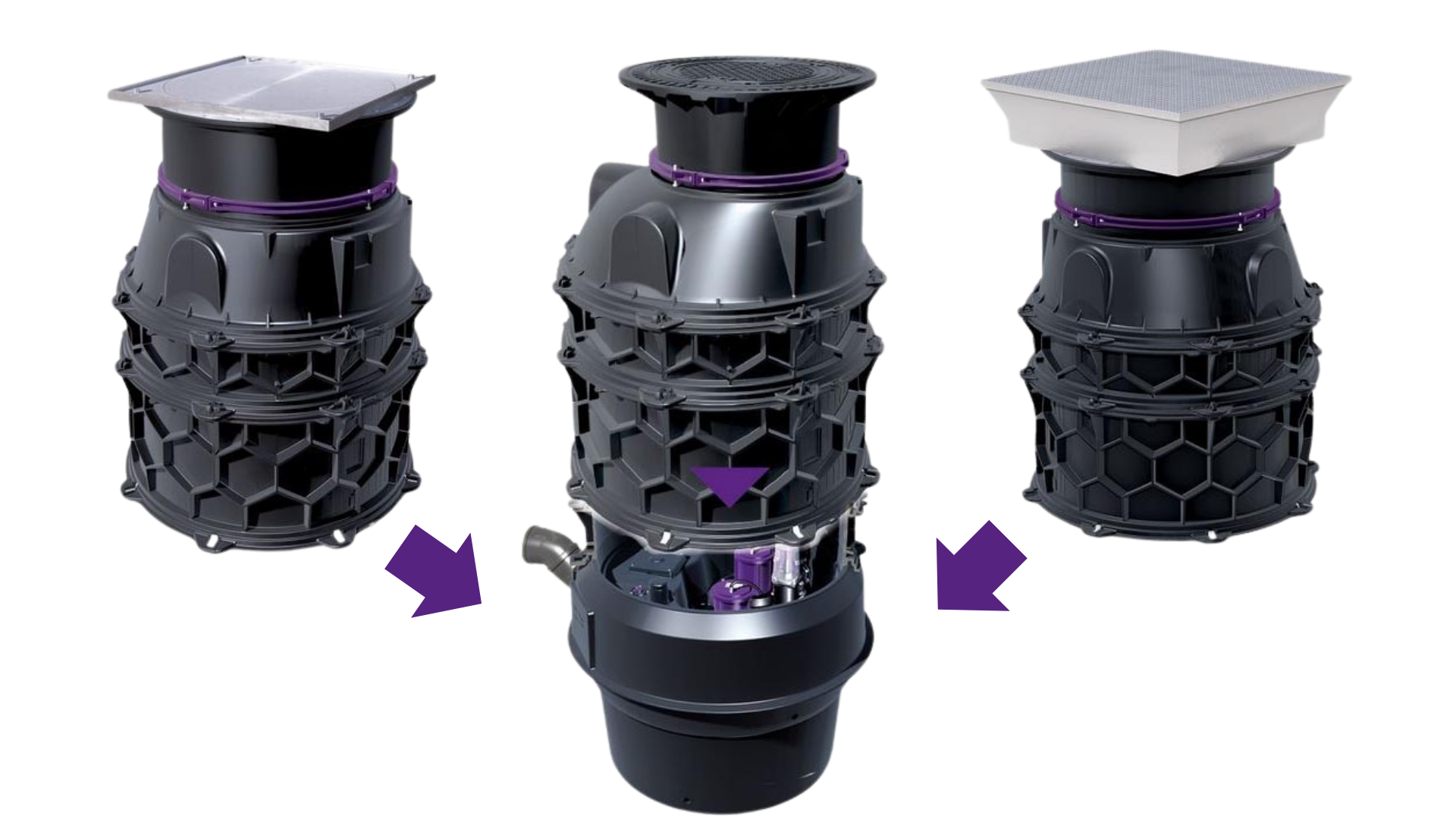 Diverse schachten met pompstation Weergave van een techniekmodule met pompen, met daarboven drie verschillende techniekmodules die onderling kunnen worden gecombineerd.