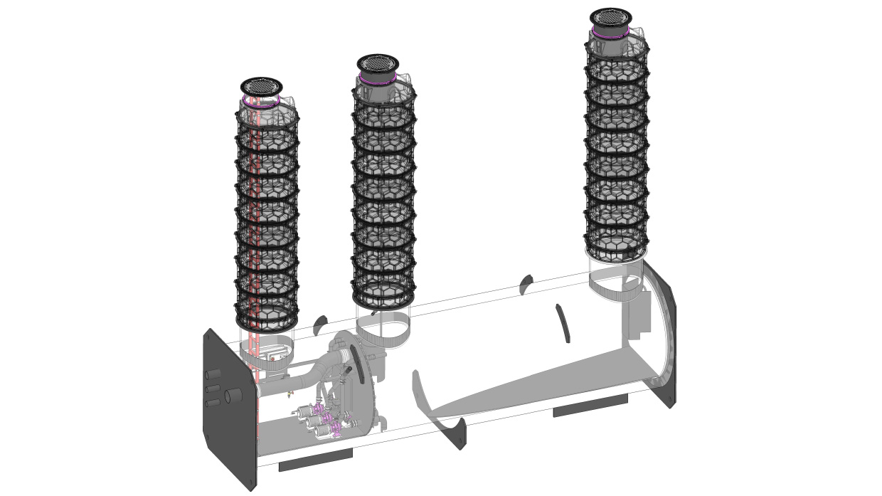 Technische tekening van een vetafscheider in een spiraalbuis met technische ruimte bij verzonken inbouw in de grond