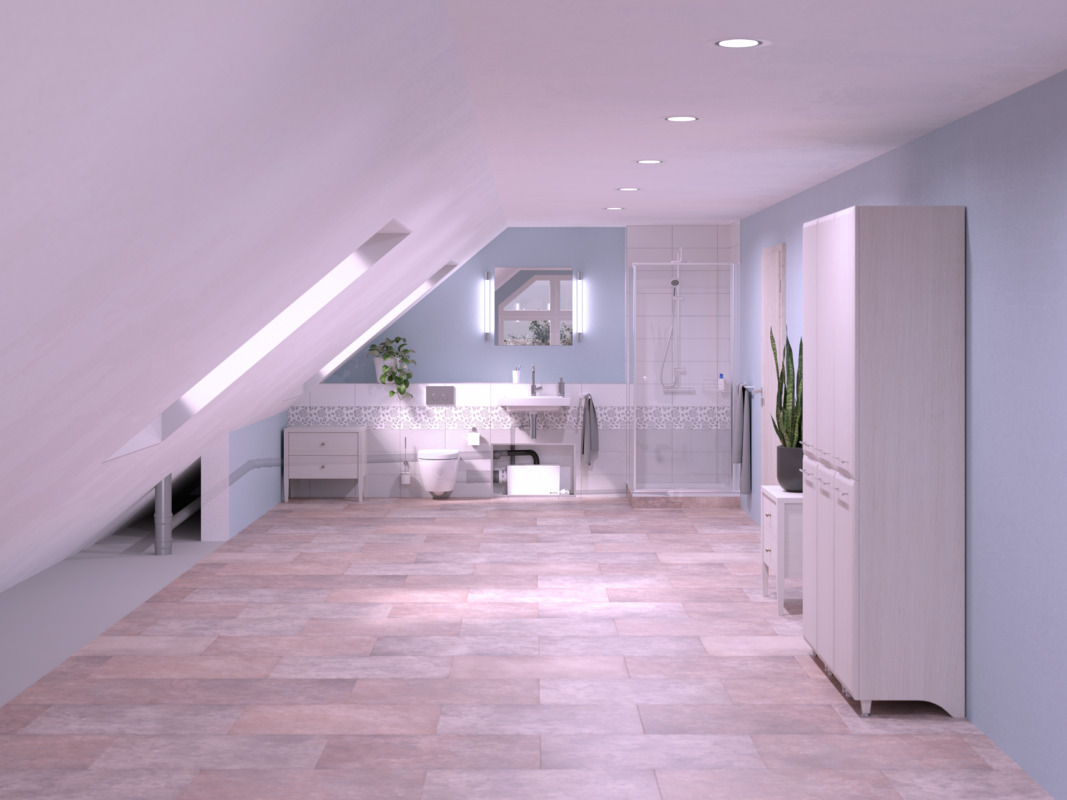 Inbouwweergave Minilift L WC Inbouwweergave van een Minilift L WC-kleine opvoerinstallatie in een badkamer met schuin dak, voorzien van douche, wastafel en toilet. De Minilift L WC-kleine opvoerinstallatie is in een kast ingebouwd.