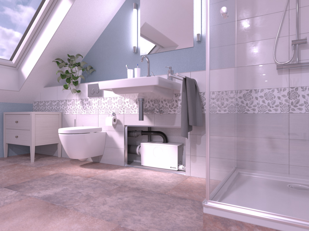 Detailfoto van de kleine opvoerinstallatie Minilift L WC in een voorwandinstallatie met aangesloten toilet en douche