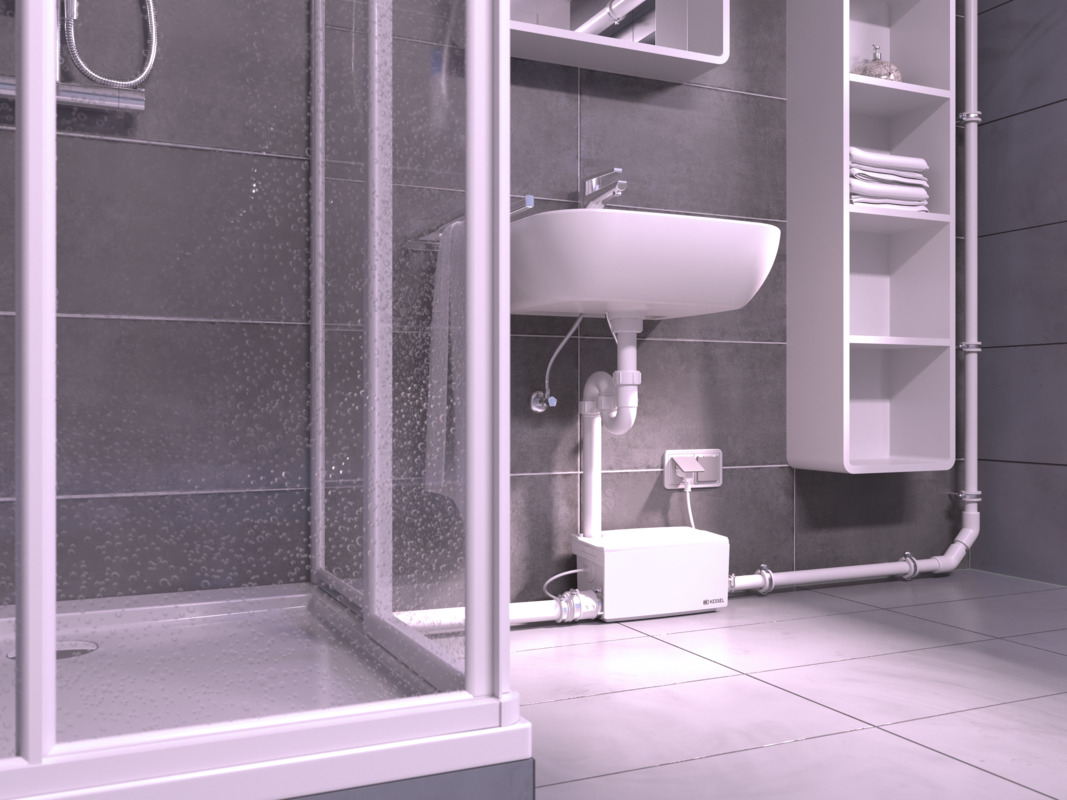 Montagevoorschrift Minilift S, tweede perspectief Minilift S-lift achteraf geïnstalleerd in een badkamer in de kelder.