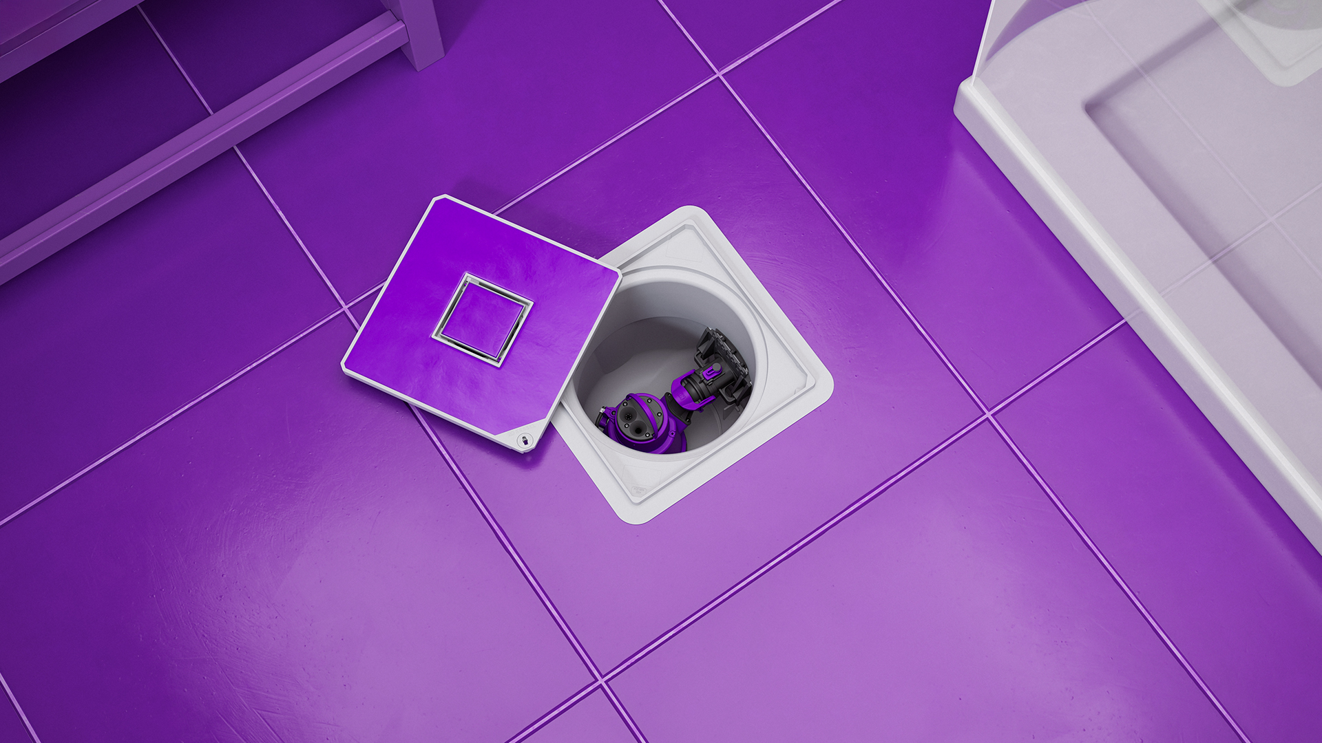 Aanzicht van een kleine opvoerinstallatie die naadloos in de vloerplaat is ingebouwd, met geopende afdekking.