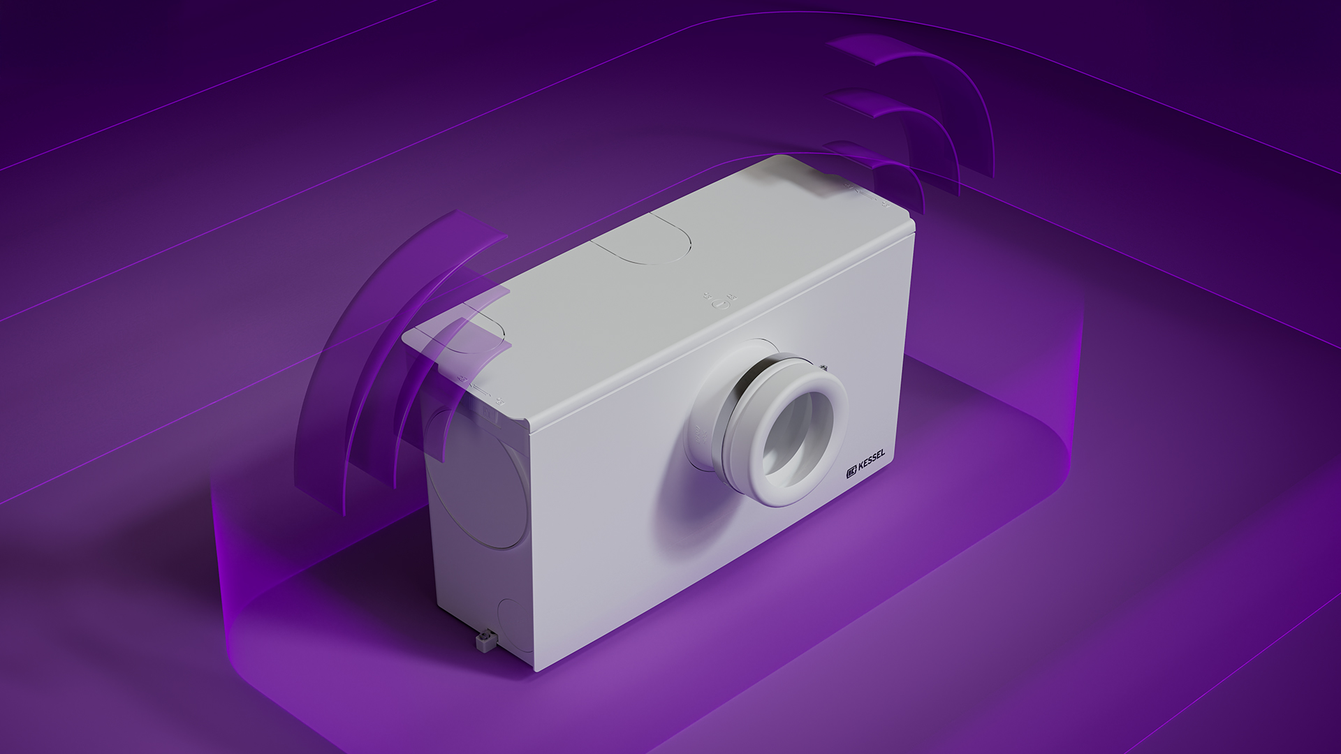 Alarmfunctie Kleine opvoerinstallatie Minilift L WC-opvoerinstallatie met schematisch weergegeven geluidsgolven.