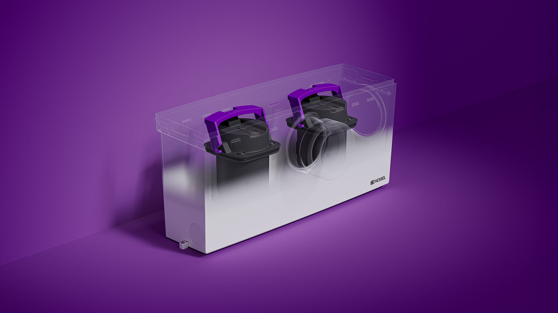 Kleine opvoerinstallatie met een doorzichtig reservoir en zicht op de twee ingebouwde pompen.