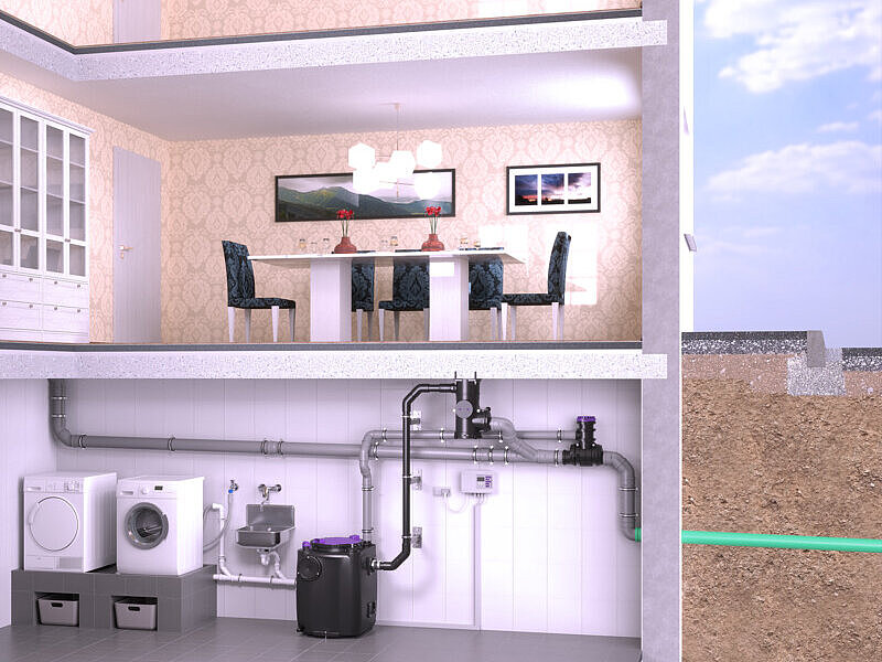 Inbouwschema Clever Loop en CleverVent Schets van de inbouw van een opvoerinstallatie in de kelder, waarbij de persleiding niet boven het terugstuwniveau wordt geleid, maar via de systeemafscheider CleverLoop, die onder het kelderplafond is gemonteerd.