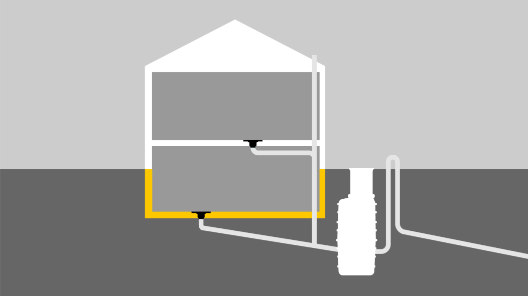 Schets: afdichting bij inbouw van een waterdichte bak (witte inbouwmethode)