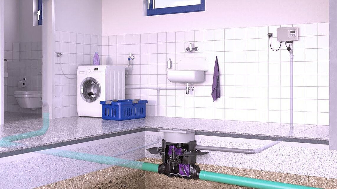 Inbouwschema van de terugstuwpompinstallatie Pumpfix M Terugslagbeveiliging geïntegreerd in de vloerplaat van de kelder.