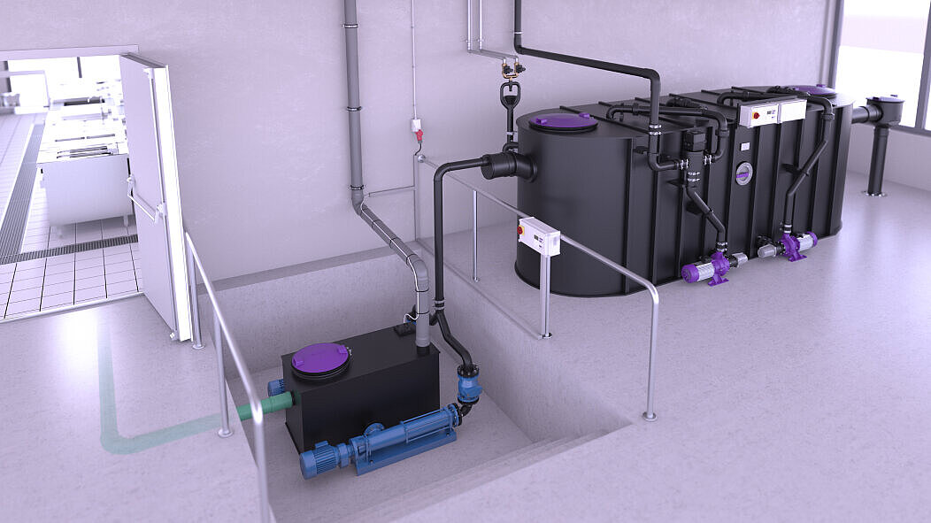 Inbouwvoorbeeld van een vetafscheider met vijzelpomp