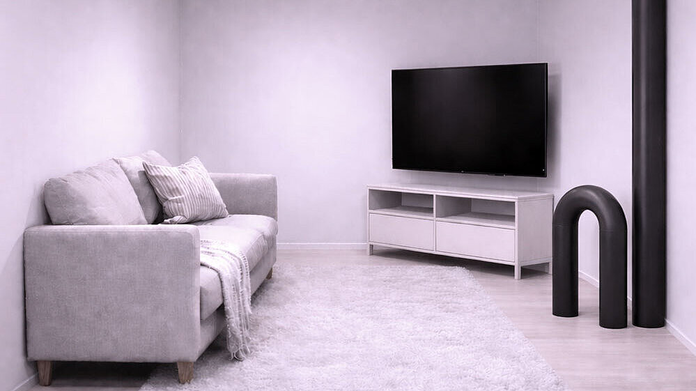 Weergave van de woonruimte Schematische weergave van een woonkamer waarin verschillende buizen uit de vloer steken en de woonruimte verkleinen.