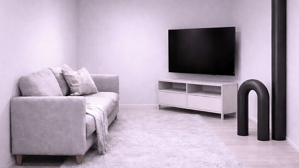 Weergave van de woonruimte Schematische weergave van een woonkamer waarin verschillende buizen uit de vloer steken en de woonruimte verkleinen.