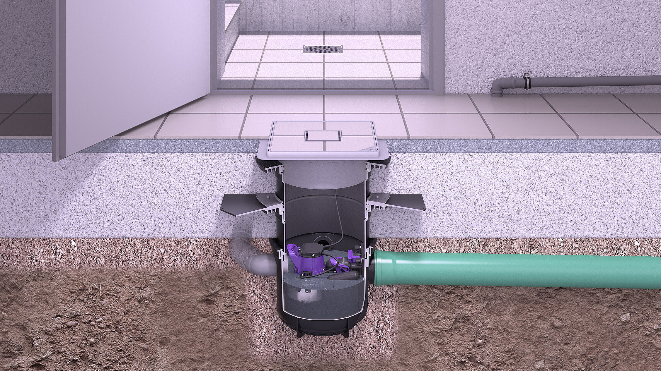 Inbouwvoorbeeld van de kelderafvoer Pumpfix S met toevoeren vanuit andere afvoerpunten Inbouwvoorbeeld van de kelderafvoer Pumpfix S met toevoeren vanuit andere afvoerpunten
