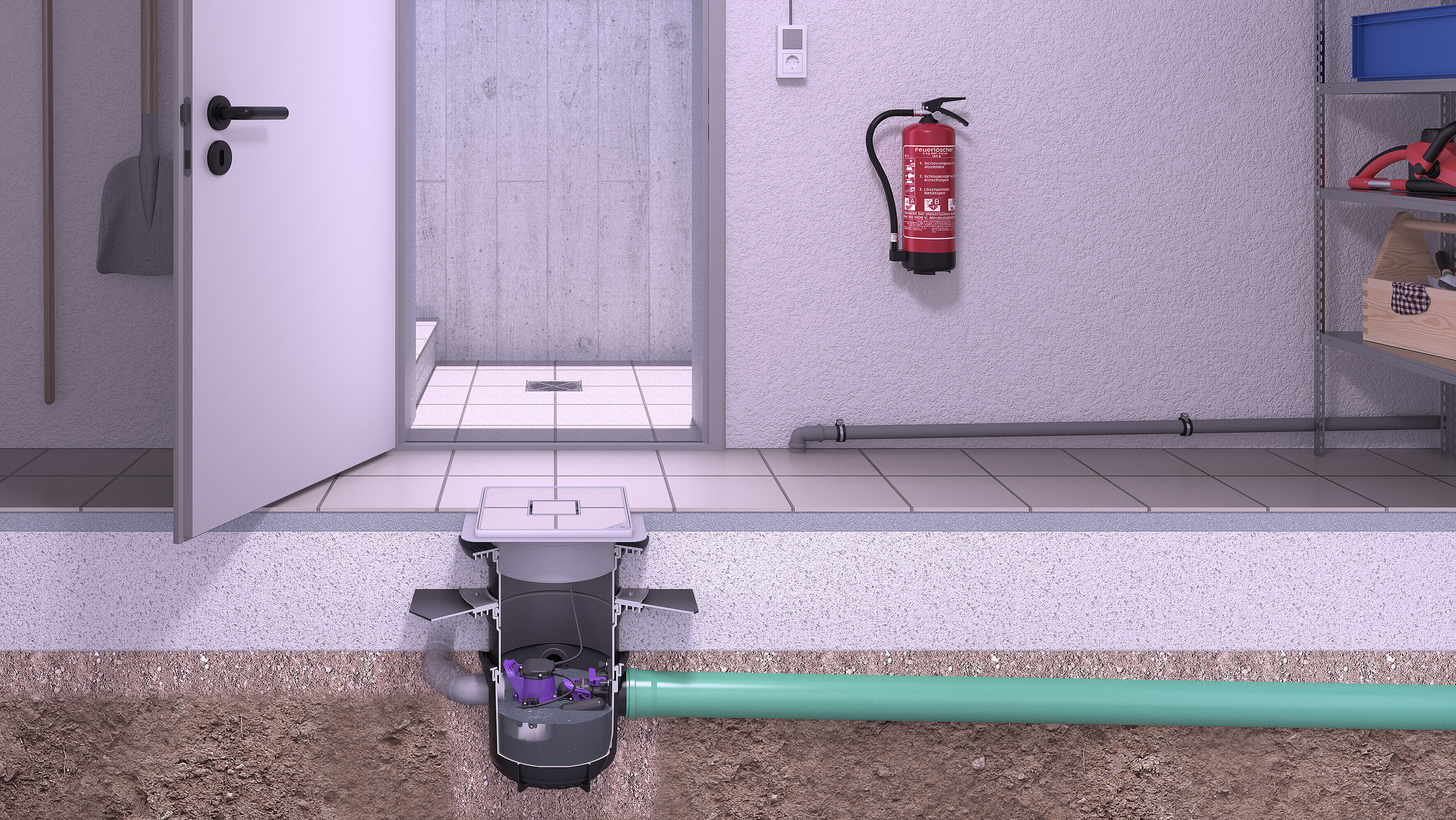 Installatievoorstel voor de kelderafvoer Pumpix S Underfloor in de voorraadkelder
