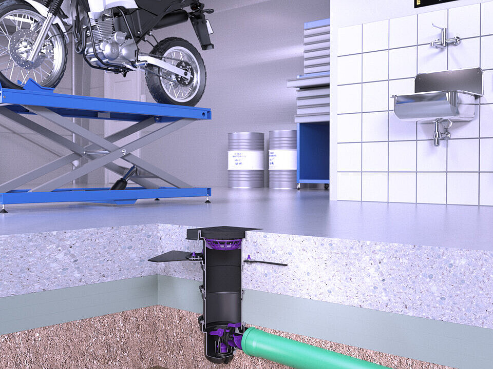 Installation diagram for the light liquid trap in a small workshop