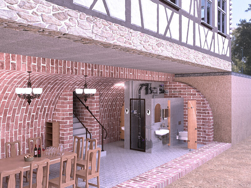 Installatievoorstel voor CleverLoop en Clever Vent in historische gebouwen Inbouwschema van een oude gewelfde kelder met achteraf aangebrachte toiletruimte, een CleverLoop-systeemafscheider en een CleverVent-ontluchtingsafslag.