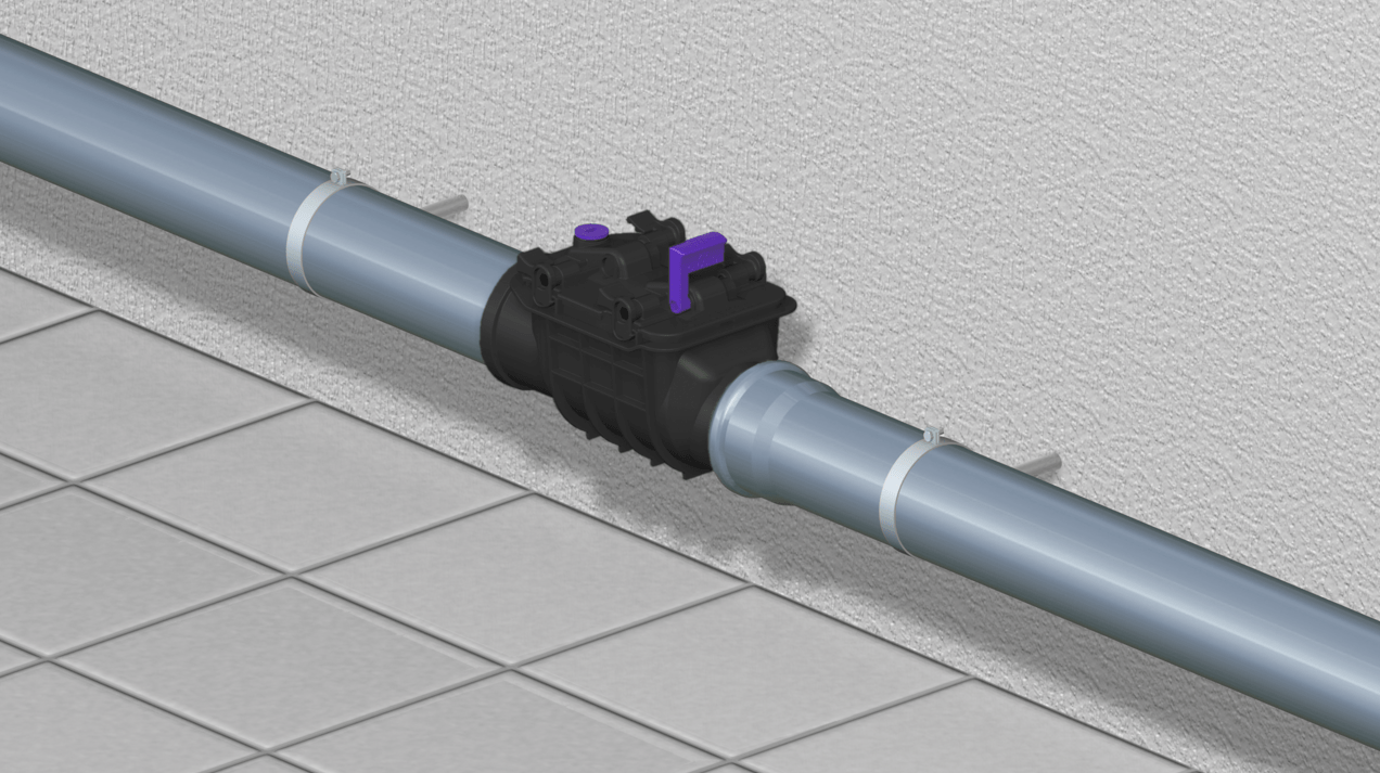 Installation diagram for the Staufix Basic in an exposed drainage pipe