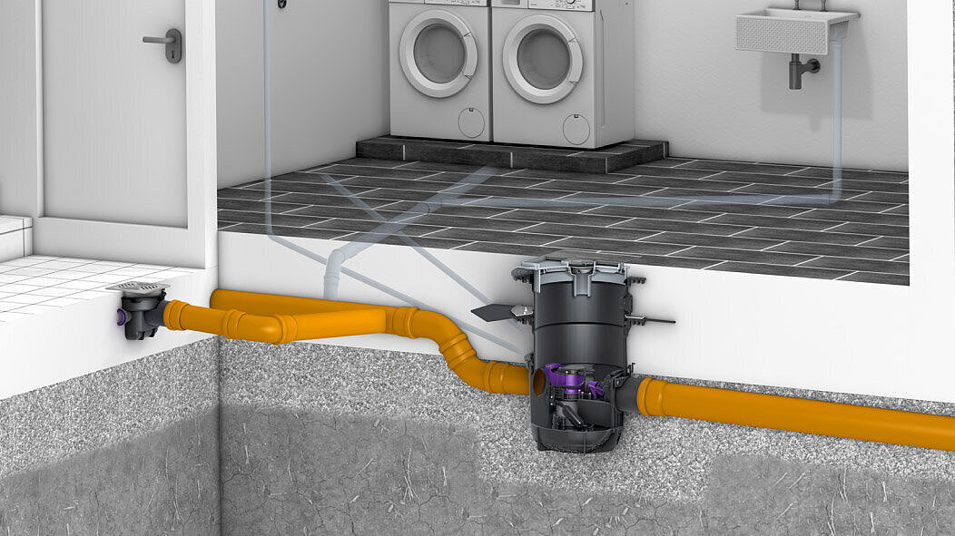 Schets van de afvoer van regenwater in de kelder