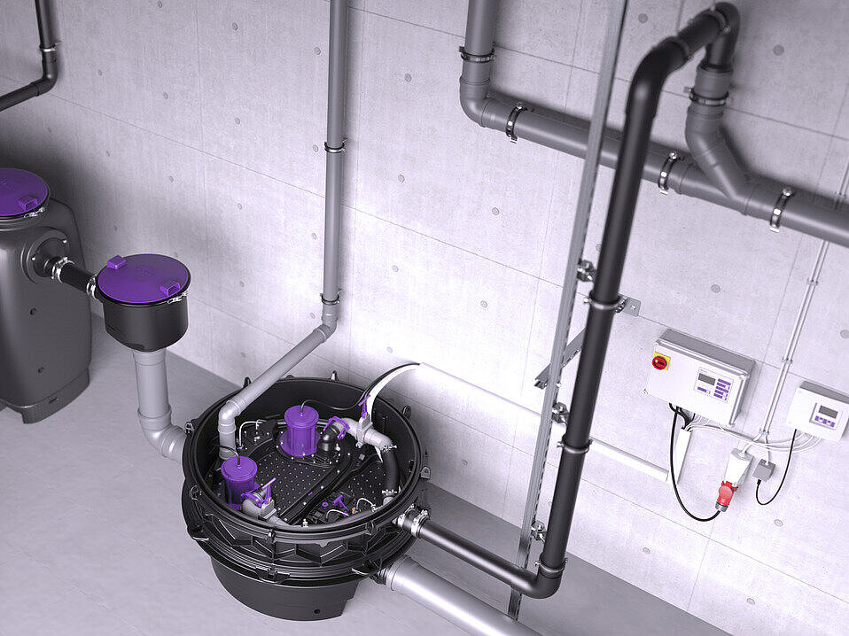 Installation diagram for hybrid lifting station Ecolift XL connected to a grease separator