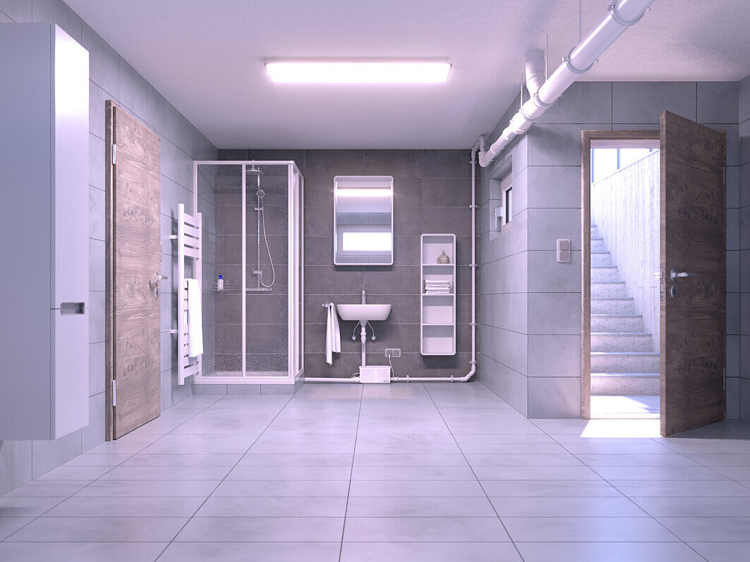 Inbouwschema kleine opvoerinstallatie Minilift S Minilift S-lift achteraf geïnstalleerd in een badkamer in de kelder.