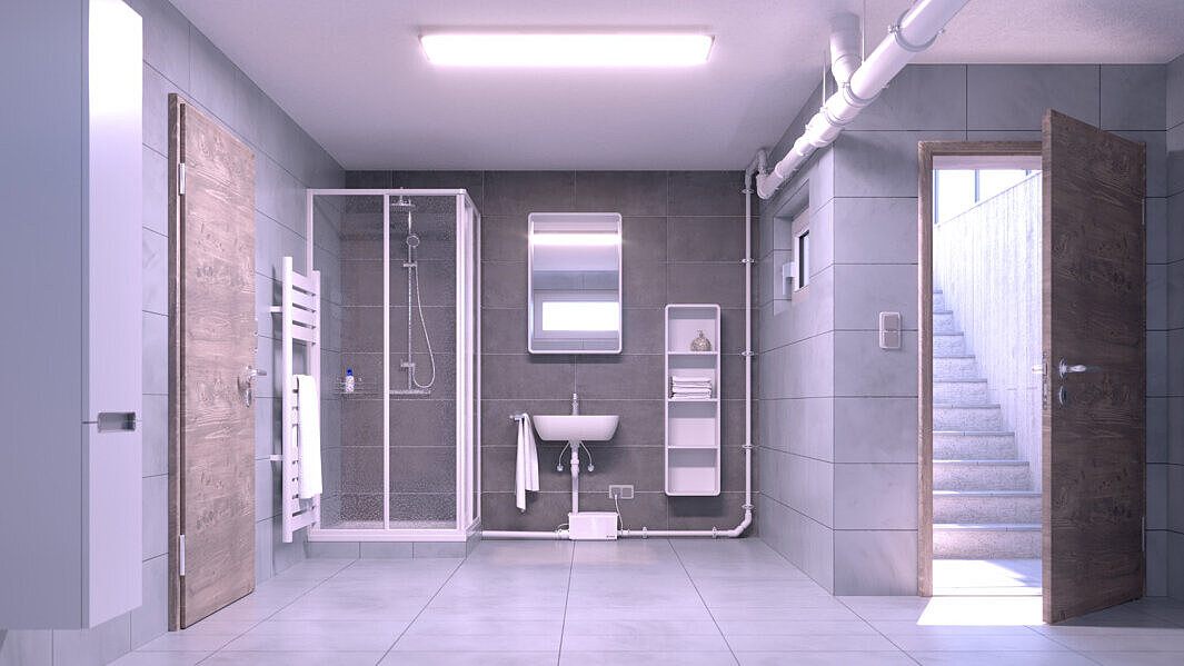 Inbouwschema kleine opvoerinstallatie Minilift S Minilift S-lift achteraf geïnstalleerd in een badkamer in de kelder.