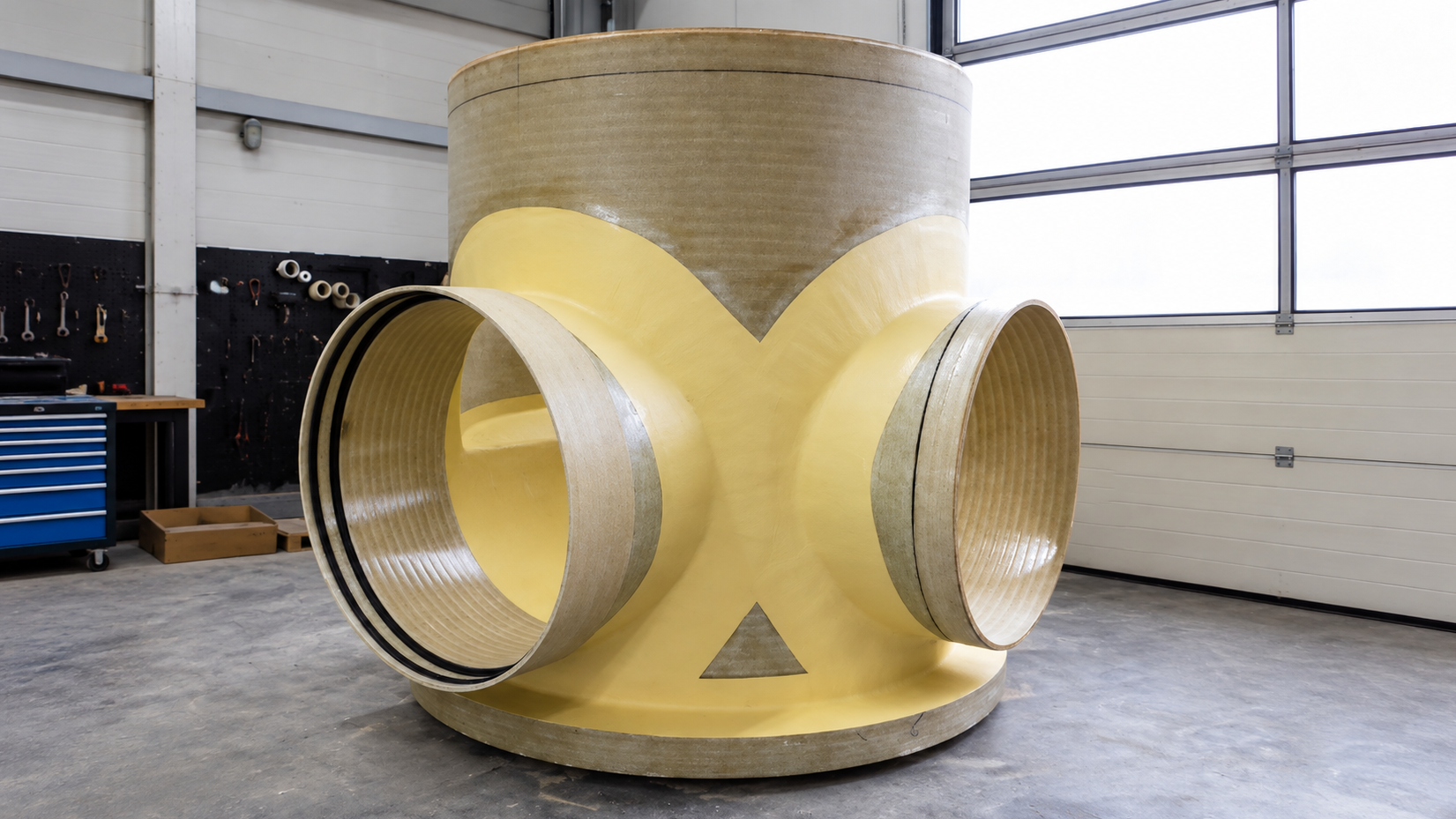 Met glasvezel versterkte kunststof put Robuuste schacht met een brede toevoergoot van kunststof, versterkt met glasvezel.