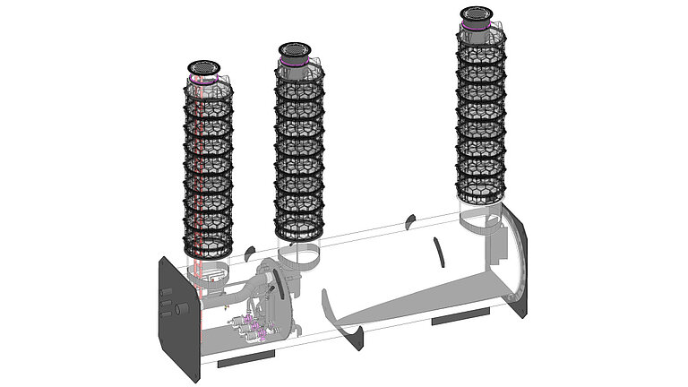 Technische tekening van een vetafscheider in een spiraalbuis met technische ruimte bij verzonken inbouw in de grond Technische tekening van een vetafscheider in een spiraalbuis met technische ruimte bij verzonken inbouw in de grond