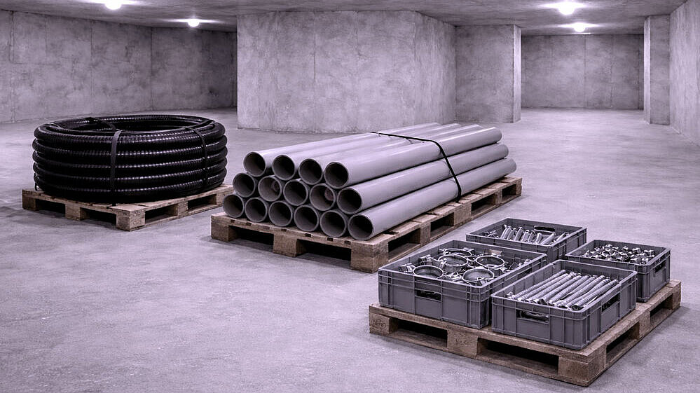 Weergave met een laag energieverbruik Schematische weergave van een kelderruimte met verschillende montagematerialen.