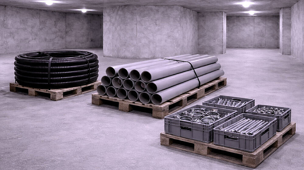 Weergave met een laag energieverbruik Schematische weergave van een kelderruimte met verschillende montagematerialen.