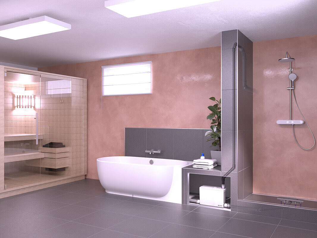 Kelderruimte met sauna, badkuip en douche vanuit een ander perspectief.