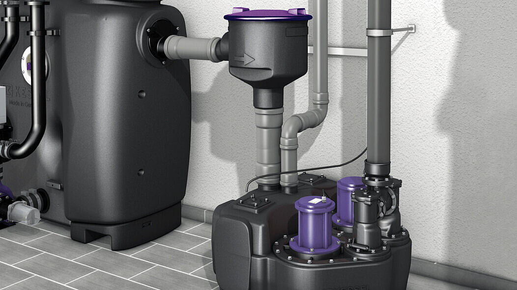 Installatievoorbeeld van de EasyClean free-vetafscheider met een achtergeschakelde Aqualift L-opvoerinstallatie