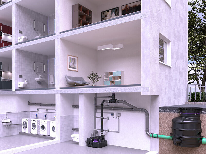 Weergave van de inbouw van een opvoerinstallatie in een appartementencomplex, waarbij de ventilatieleiding uitmondt in de CleverVent-ventilatieverdeler, die onder het kelderplafond is gemonteerd!